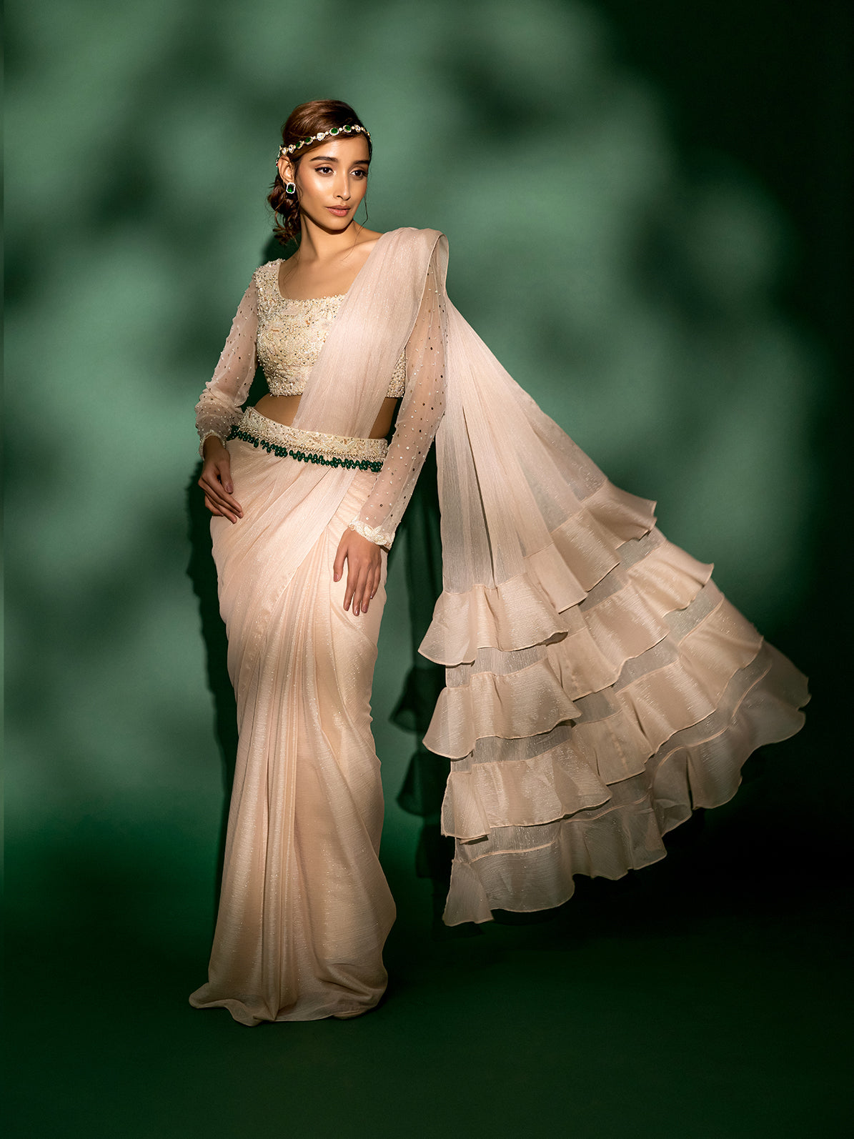 Elysian - Metallic Georgette Pre-draped Saree with Embroidered Blouse and Belt