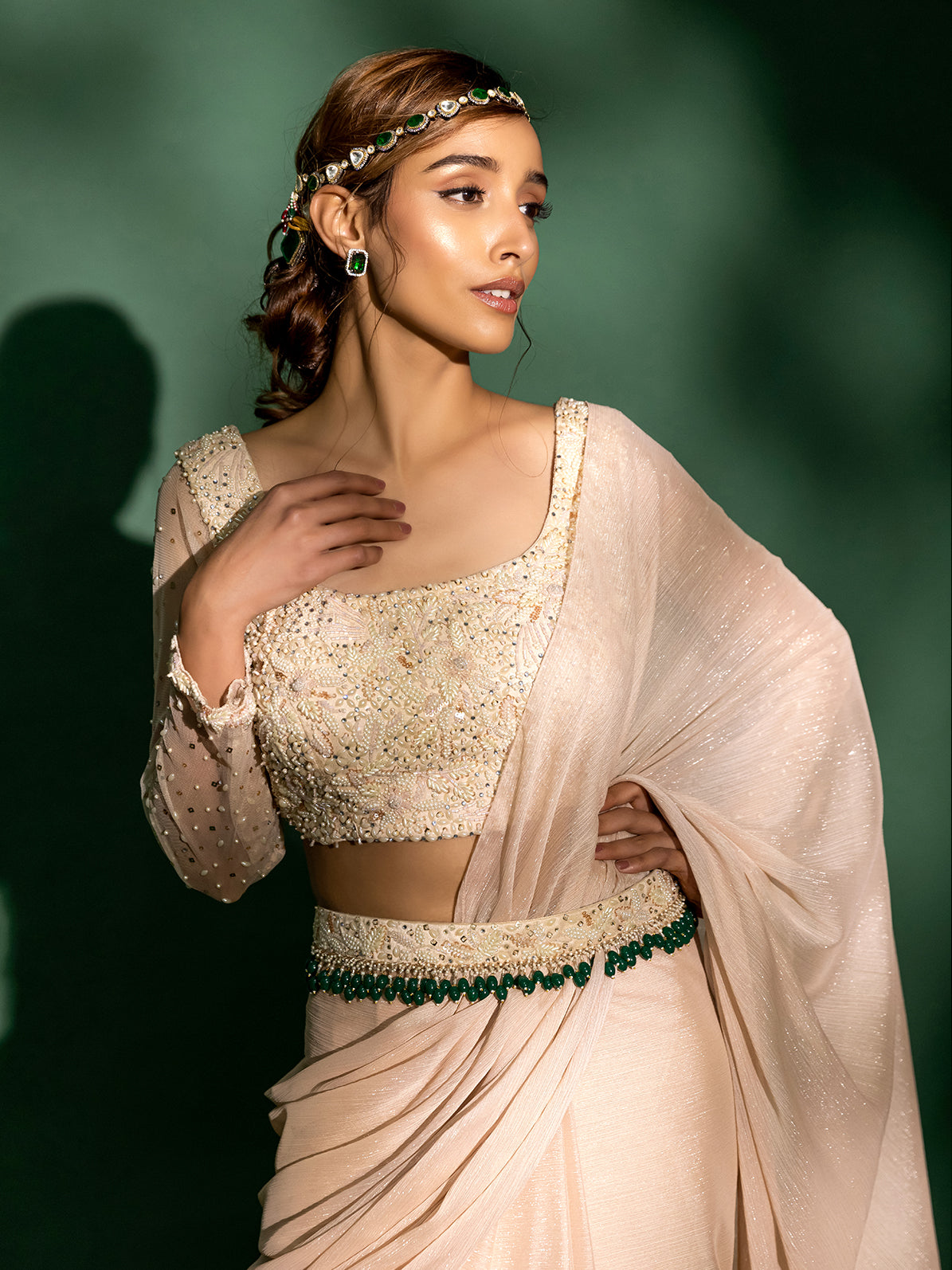 Elysian - Metallic Georgette Pre-draped Saree with Embroidered Blouse and Belt