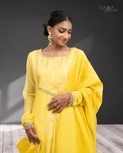 Benarsi Chanderi Anarkali Gown - Yellow