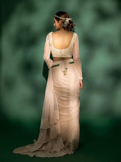 Elysian - Metallic Georgette Pre-draped Saree with Embroidered Blouse and Belt