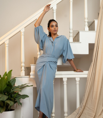 Latte Draped Dress - Blue