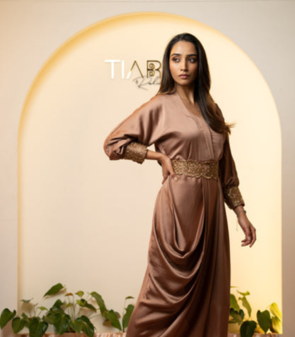 Elegant Cocktail Ensemble : Draped Dress with Embroidered Belt - Rose Gold